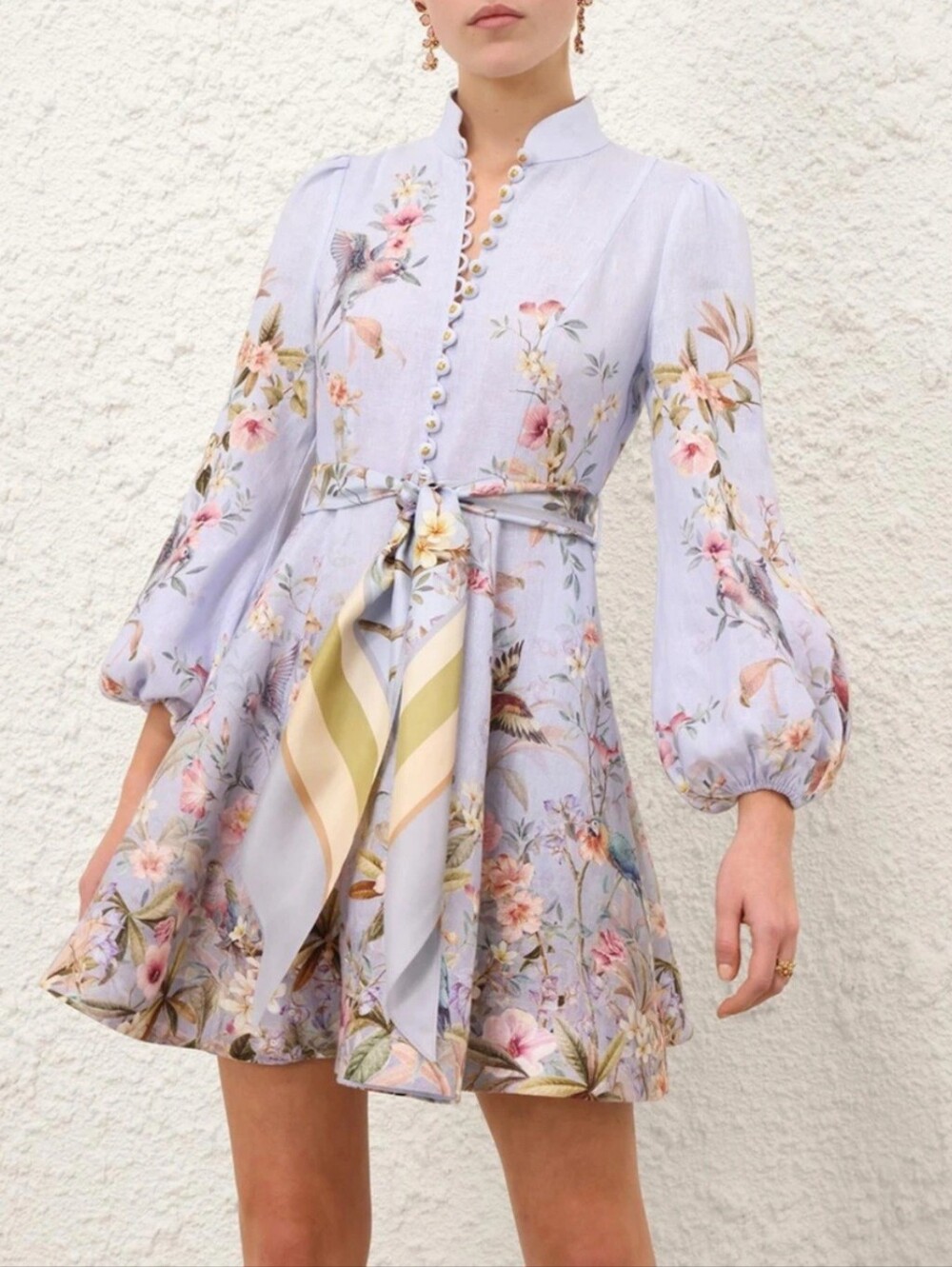 Zimmermann Lavender Floral Tie-Waist Mini Dress